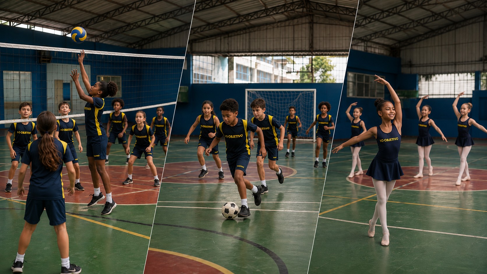 Alunos do Colégio Ipê nas atividades extracurriculares: vôlei, futsal e ballet na quadra