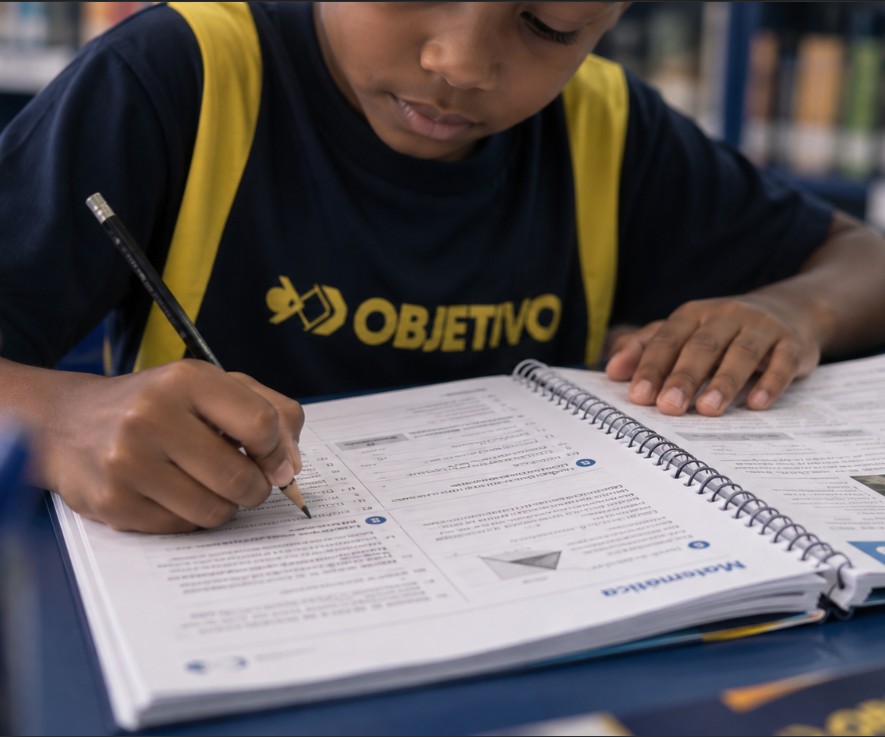 Aluno do Colégio Ipê resolvendo exercícios na apostila de Matemática do Sistema Objetivo