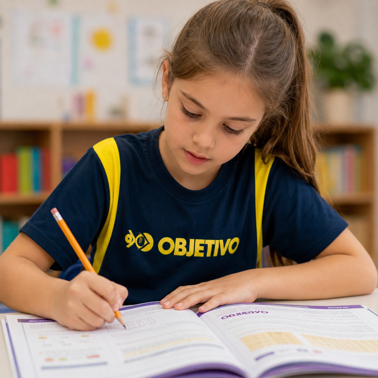 Aluna do Fundamental I do Colégio Ipê estudando com a apostila do Sistema Objetivo
