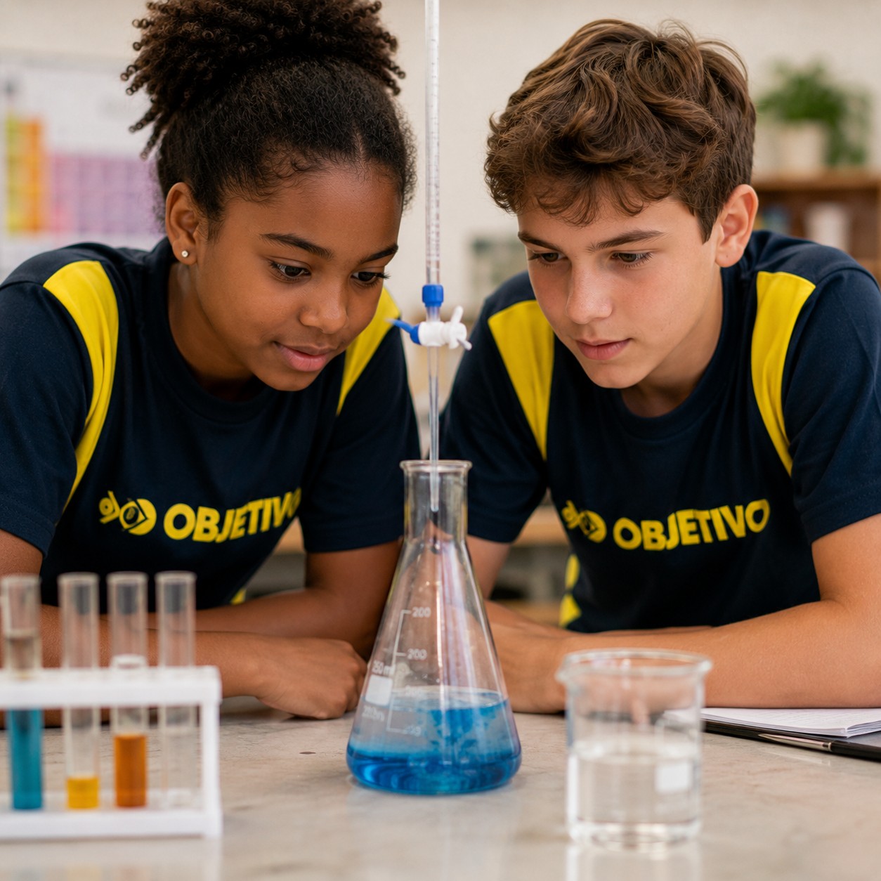 Alunos do Fundamental II do Colégio Ipê em experimento no laboratório