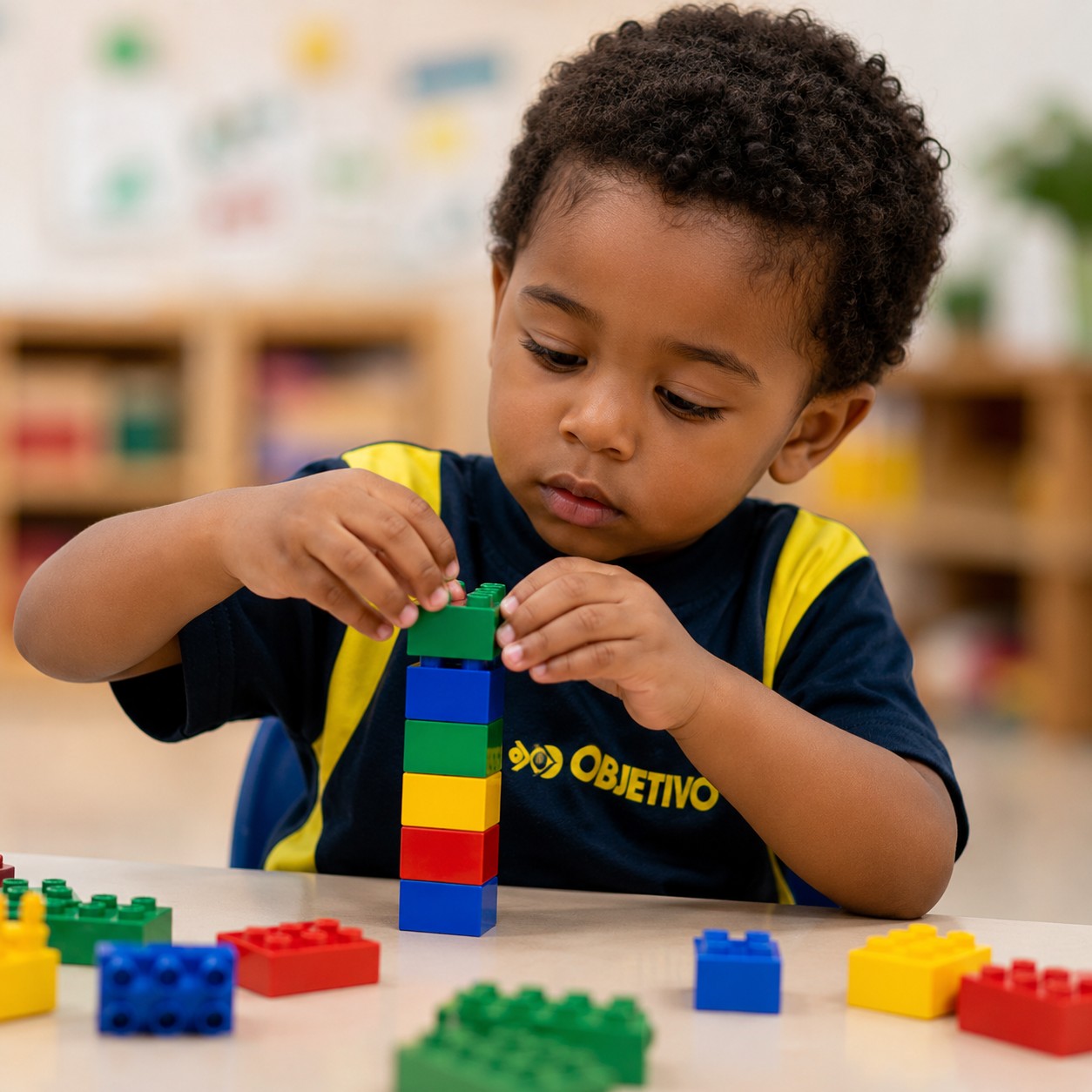 Criança da Educação Infantil do Colégio Ipê montando uma torre de blocos