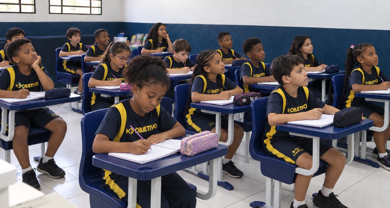 Turma do Colégio Ipê em sala de aula, com o uniforme do Sistema de Ensino Objetivo