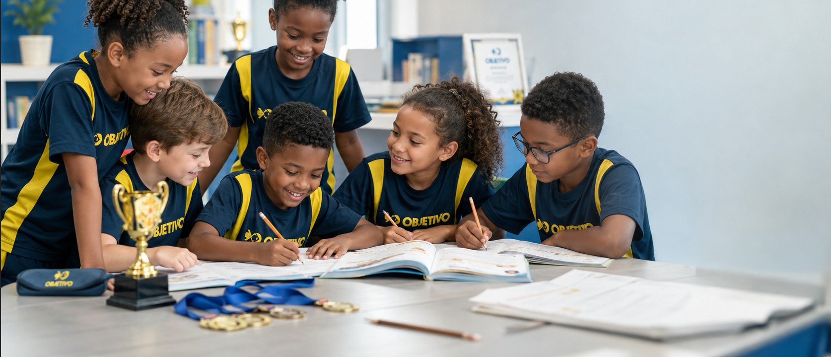 Alunos do Colégio Ipê estudando com o material do Sistema de Ensino Objetivo