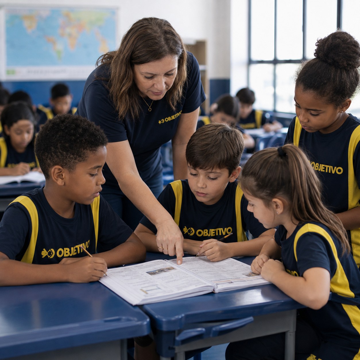 Professora do Colégio Ipê explicando a apostila do Sistema Objetivo para um grupo de alunos